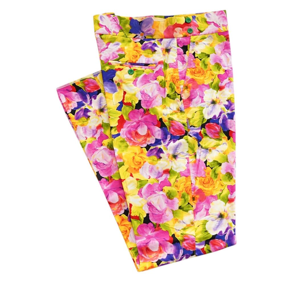 Mens 36 Multicolor Floral Gurkha Pants Cotton Flat Front Slim Fit Dress Trousers